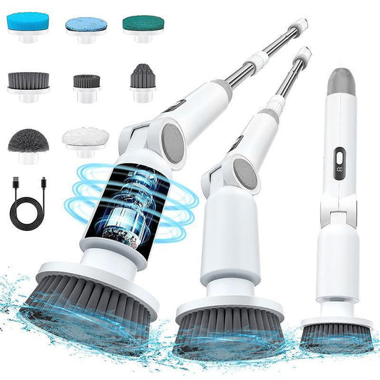 Electric Motorized Cleaning Brush with Adjustable Head and Retractable Length for Bathtub and Floor Cleaning - Two Speed Settings and Eight Multifunctional Brushes